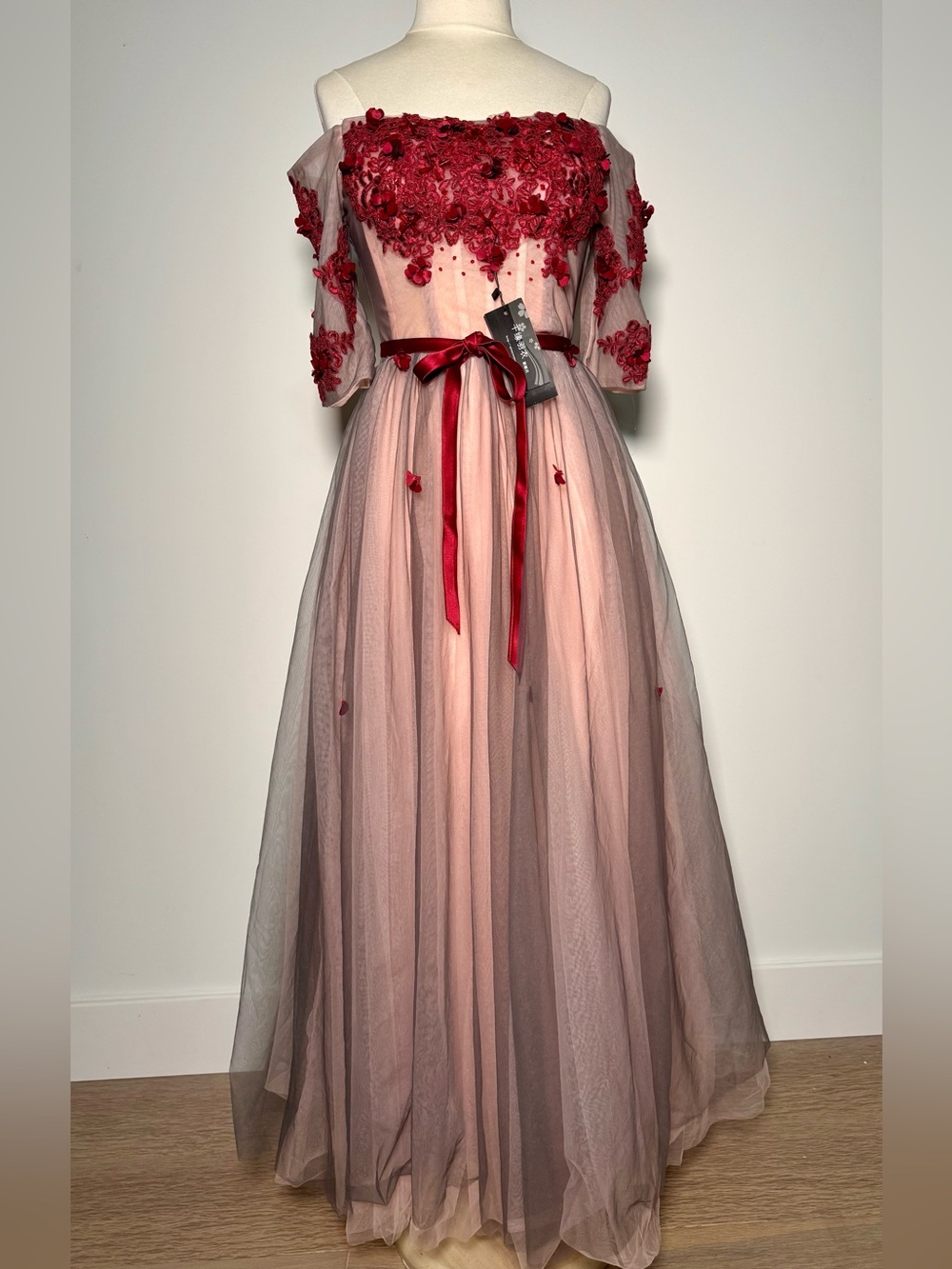 Blush Pink Formal Prom Pageant Corset Dress Floral Accents Tulle Ribbons NWT